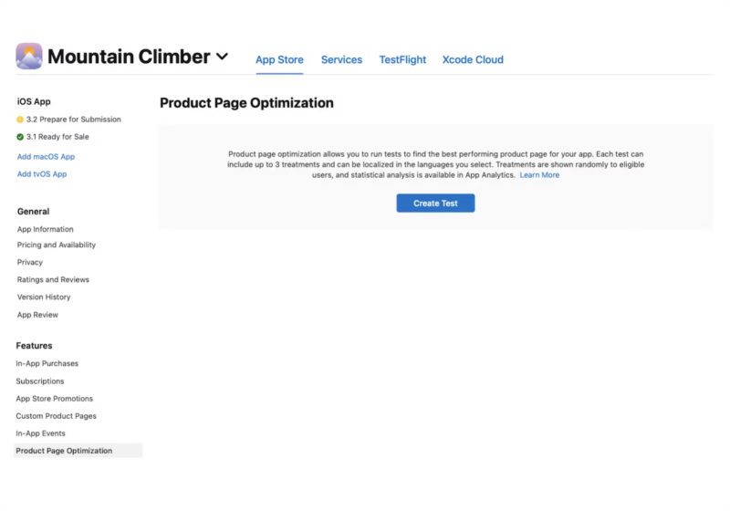 Setup page to Create A/B testing experiment in Apple store ASO