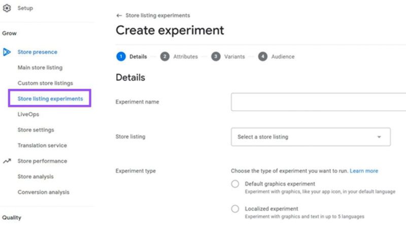 Setup page to Create A/B testing experiment in Google Play Store ASO