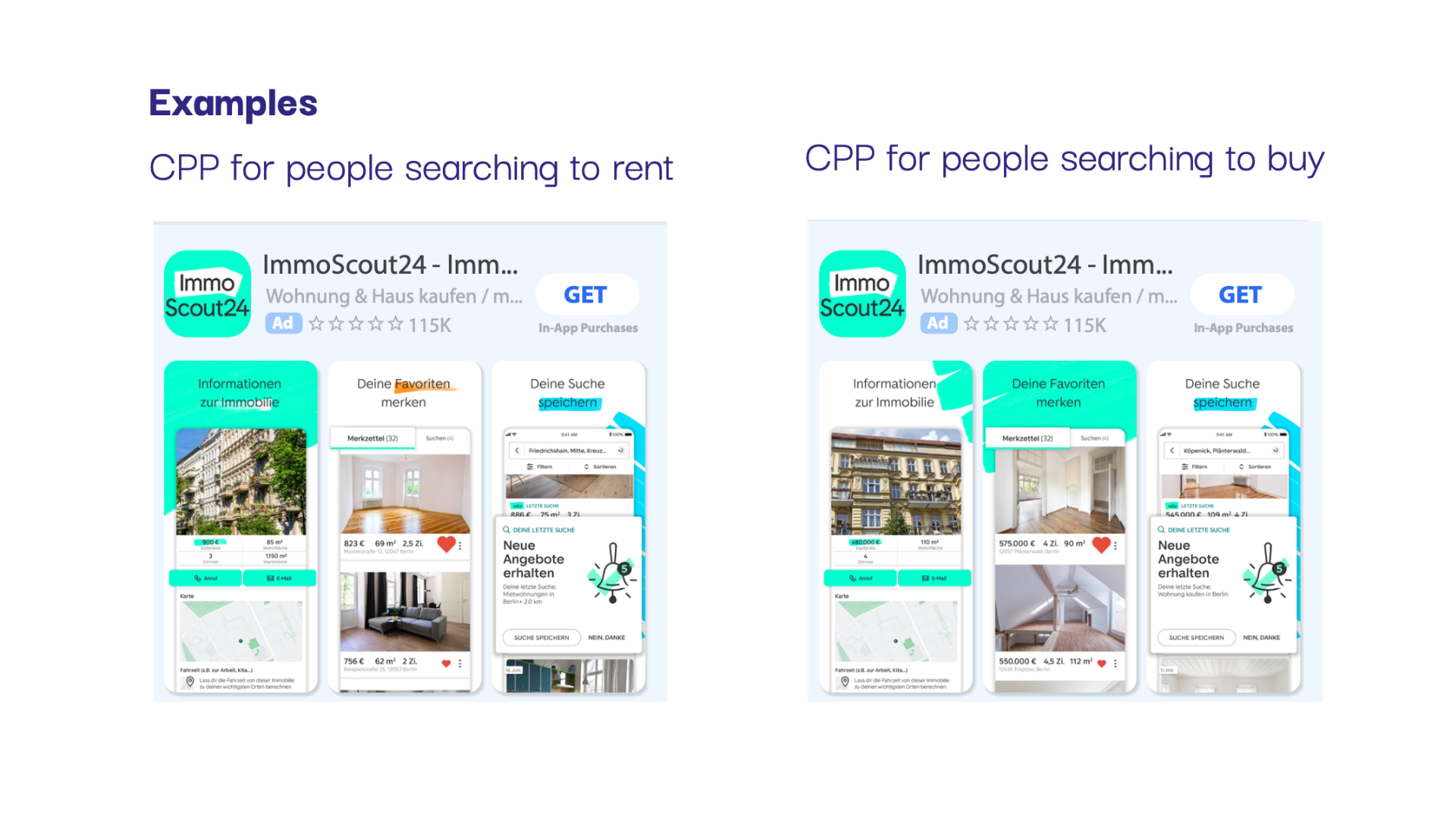 The image shows two side-by-side comparisons of mobile app advertisements for 'ImmoScout24' with the heading 'Examples'. On the left, 'CPP for people searching to rent' shows the app interface with rental property listings, a map view, and features to mark favorites and receive new offer alerts. On the right, 'CPP for people searching to buy' displays similar features for purchasing properties, with listings showing higher prices. Both ads highlight the app's rating, number of reviews (115K), and the option for in-app purchases.