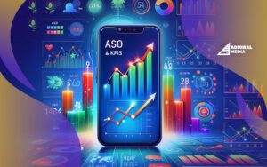 Colorful infographic illustrating the concept of App Store Optimization (ASO) and Key Performance Indicator (KPI) analytics, featuring a smartphone with rising graphs on the screen. The background is adorned with vibrant charts, figures, and icons symbolizing various metrics for app performance tracking. The Admiral Media logo is displayed in the top right